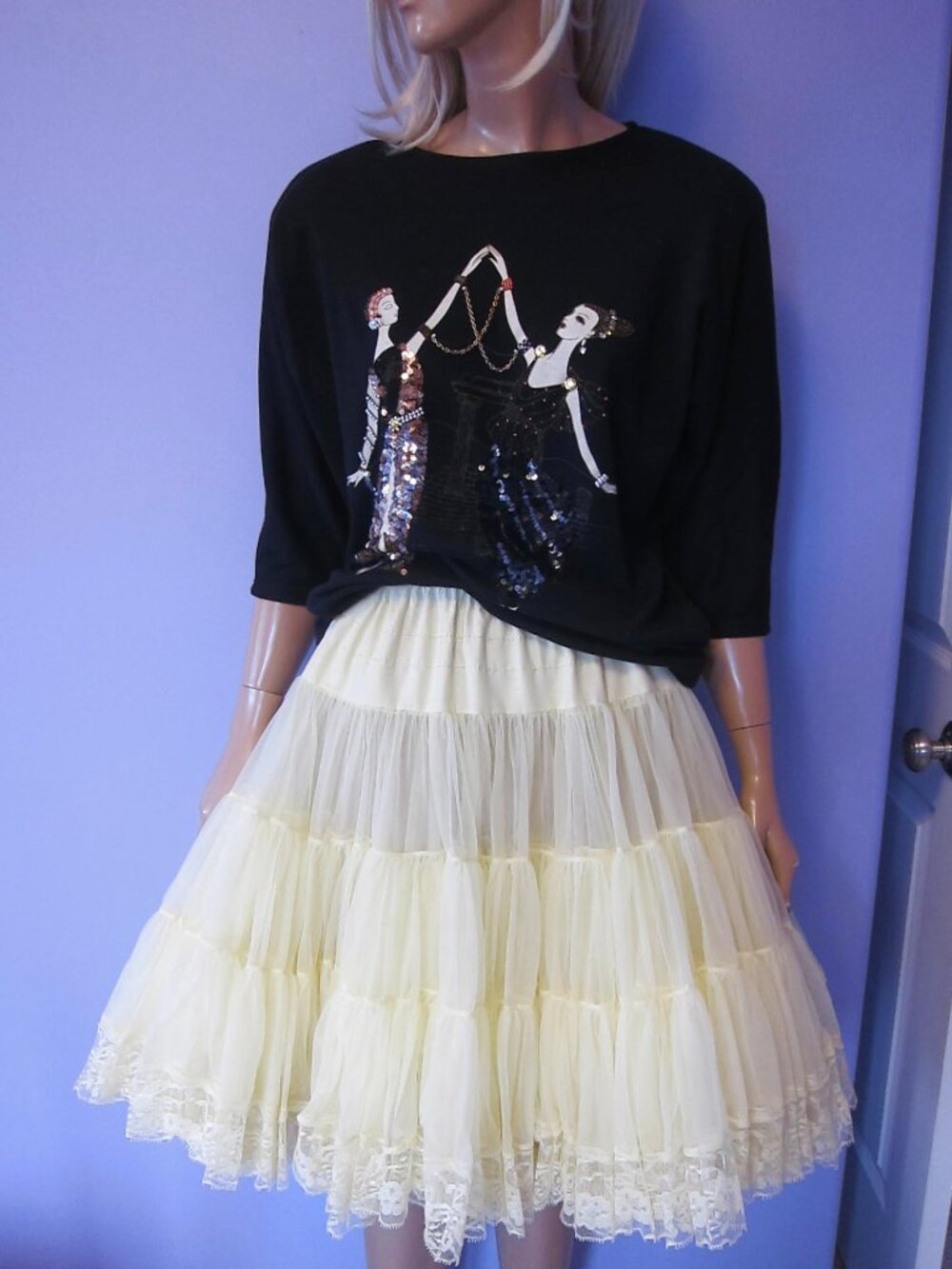 VIntage 70s PETER VALENTINE ART DECO Black Dancer Sequin Beaded Chain Op Art TOP